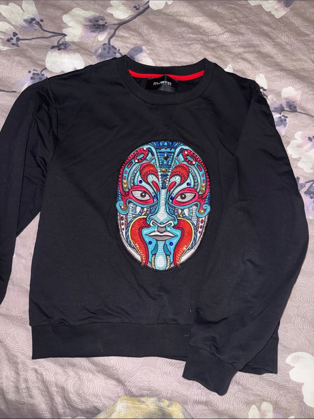 Custo Barcelona Black Crewneck Sweater with Colorful Embroidered Mask